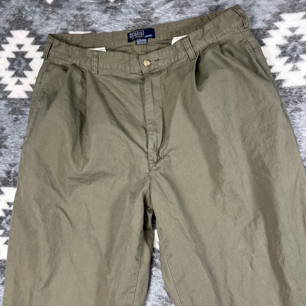 Polo Ralph Lauren Mens Pleated Chino Pants Olive Green Cotton Straight Leg 35x31 - Picture 9 of 10